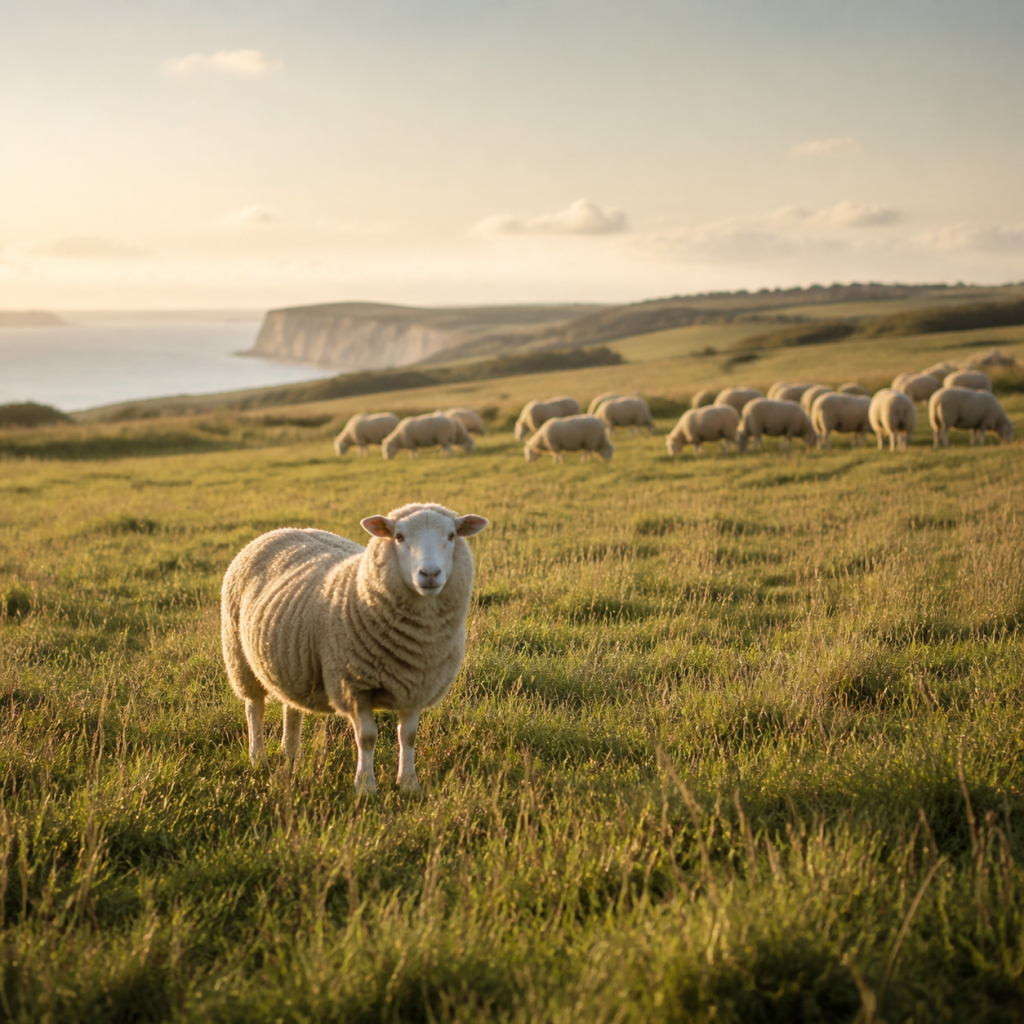 One sheep standing apart from a flock in a peaceful field